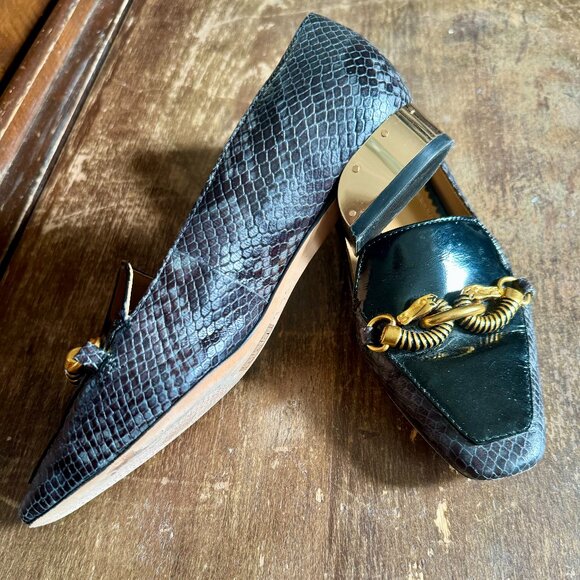 Tory Burch Shoes - TORY BURCH Jessa black & grey leather buckle horse head block heel loafer 6M